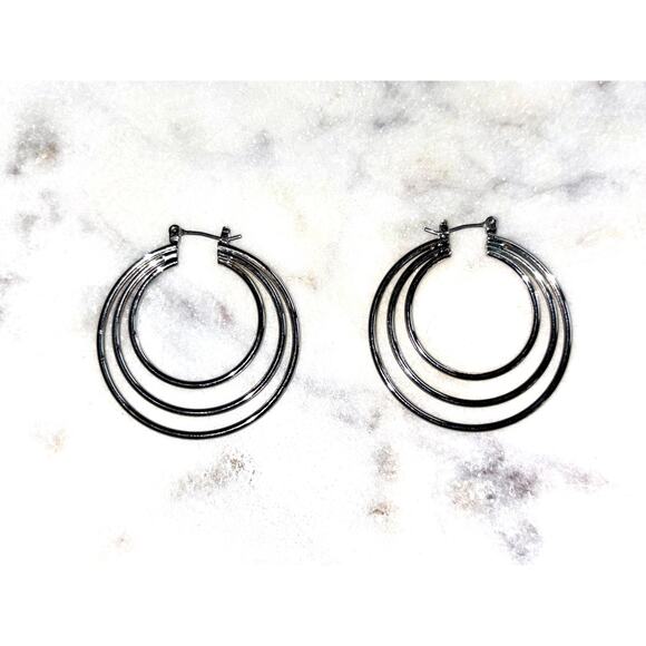 Silver Tone Triple Tiered Hoop Earrings - Modern & Stylish! - Picture 1 of 7